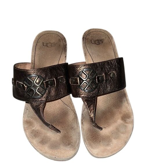 Ugg Bronze Leather Thong Cork Wedge Sandals 7 - Picture 1 of 6